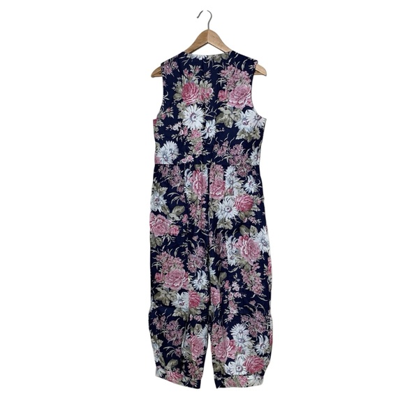 Vintage Laura Ashley Great Britain Cottagecore Floral Crop Jumpsuit Bow Pockets - Picture 2 of 12
